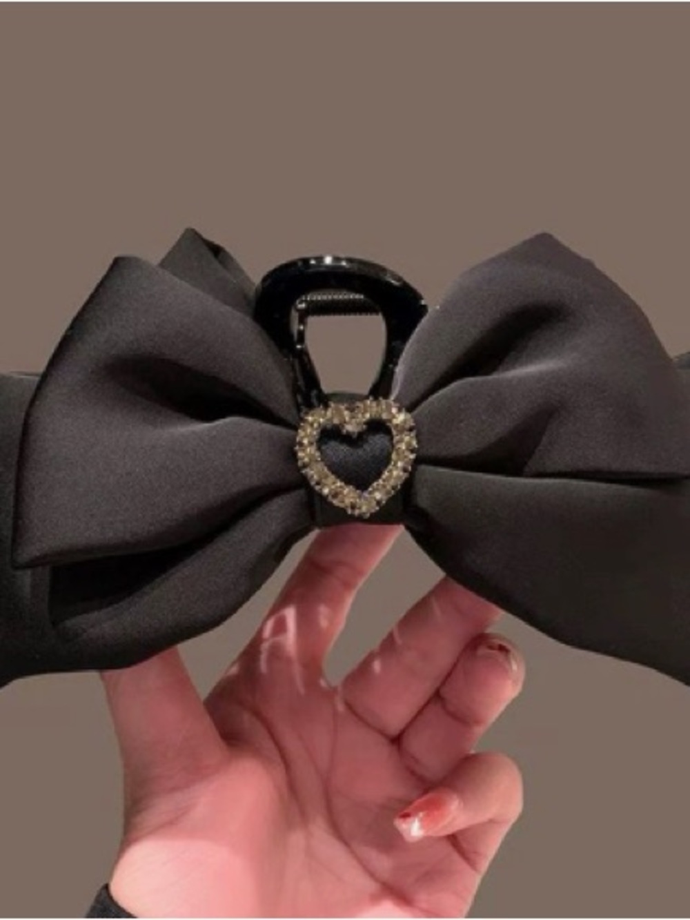 Elegant Black Bow Hair Clip with Rhinestone Heart Accent
